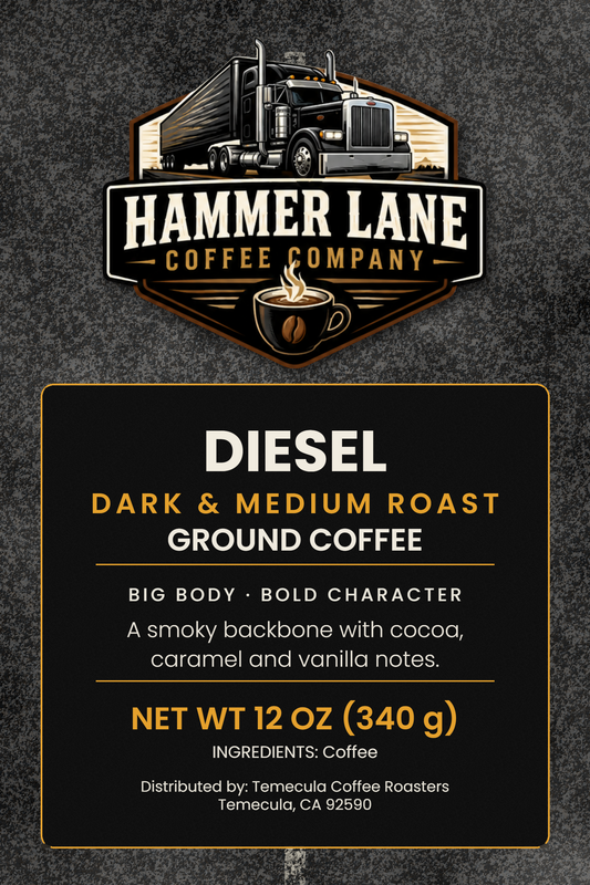 Diesel dark and medium roast coffee bag label, 12 oz