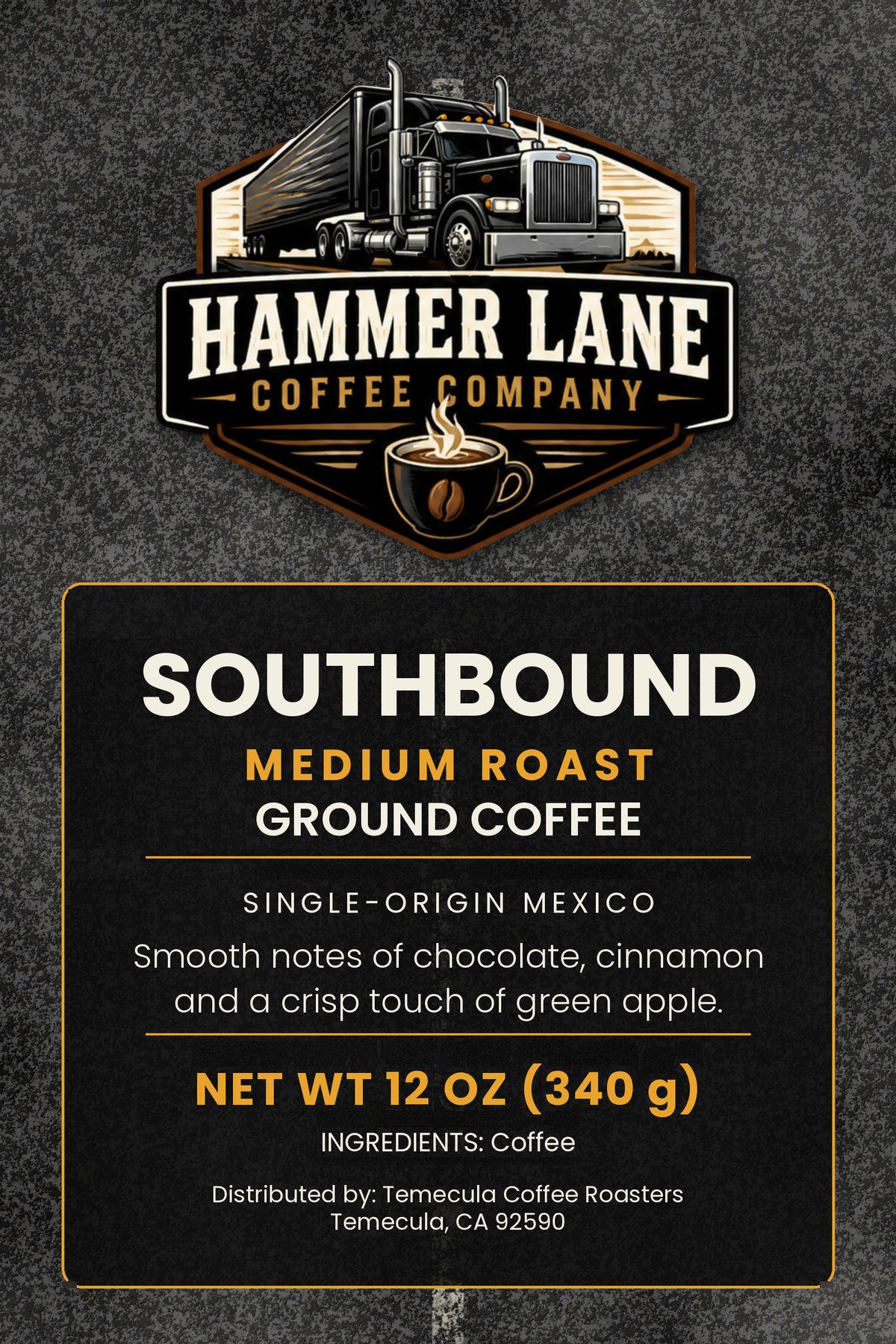 Southbound single-origin Mexico coffee bag label, 12 oz