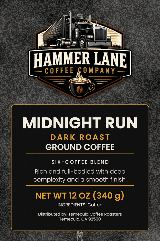 Midnight Run dark roast coffee bag label, 12 oz