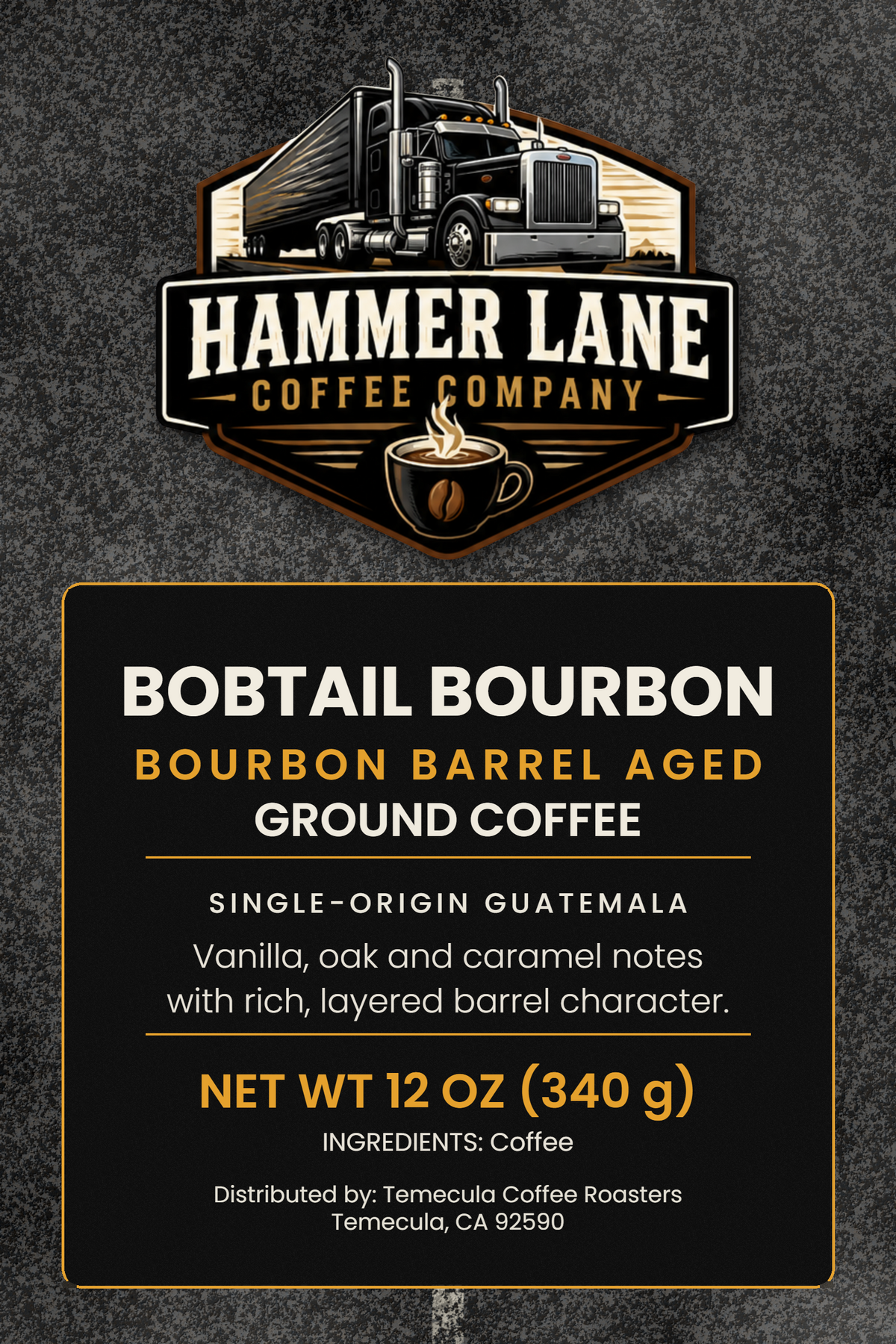 Bobtail Bourbon barrel-aged coffee bag label, 12 oz