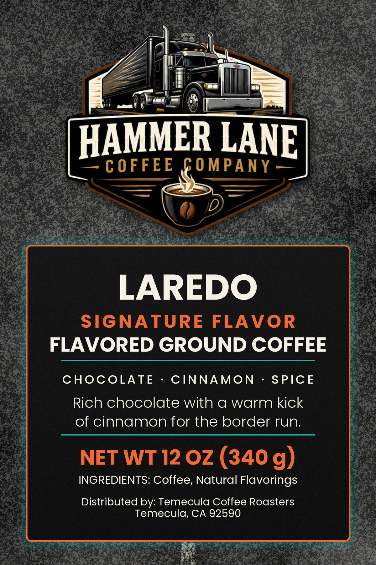 Laredo Mexican chocolate flavored coffee bag label, 12 oz