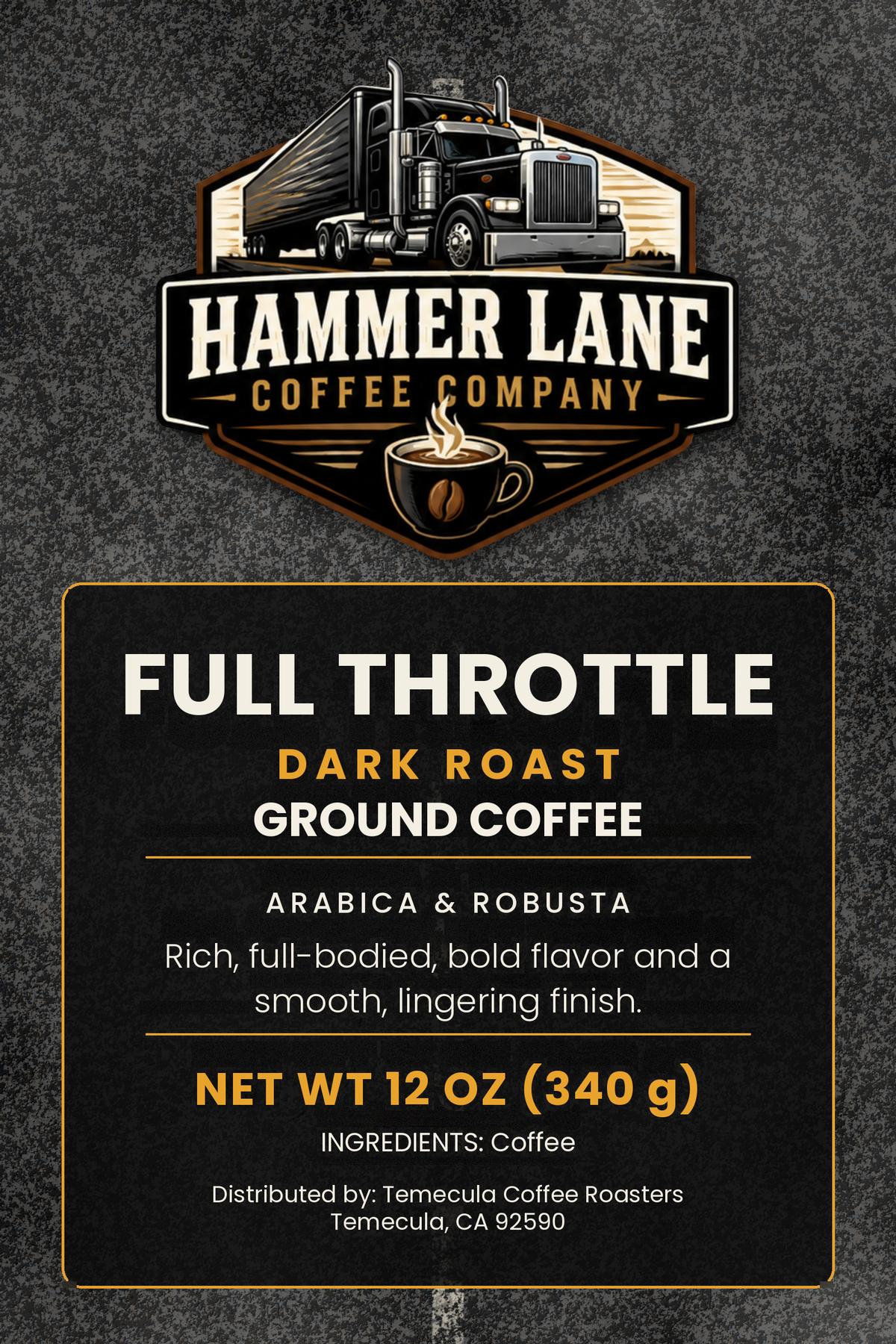 Full Throttle dark roast coffee bag label, 12 oz