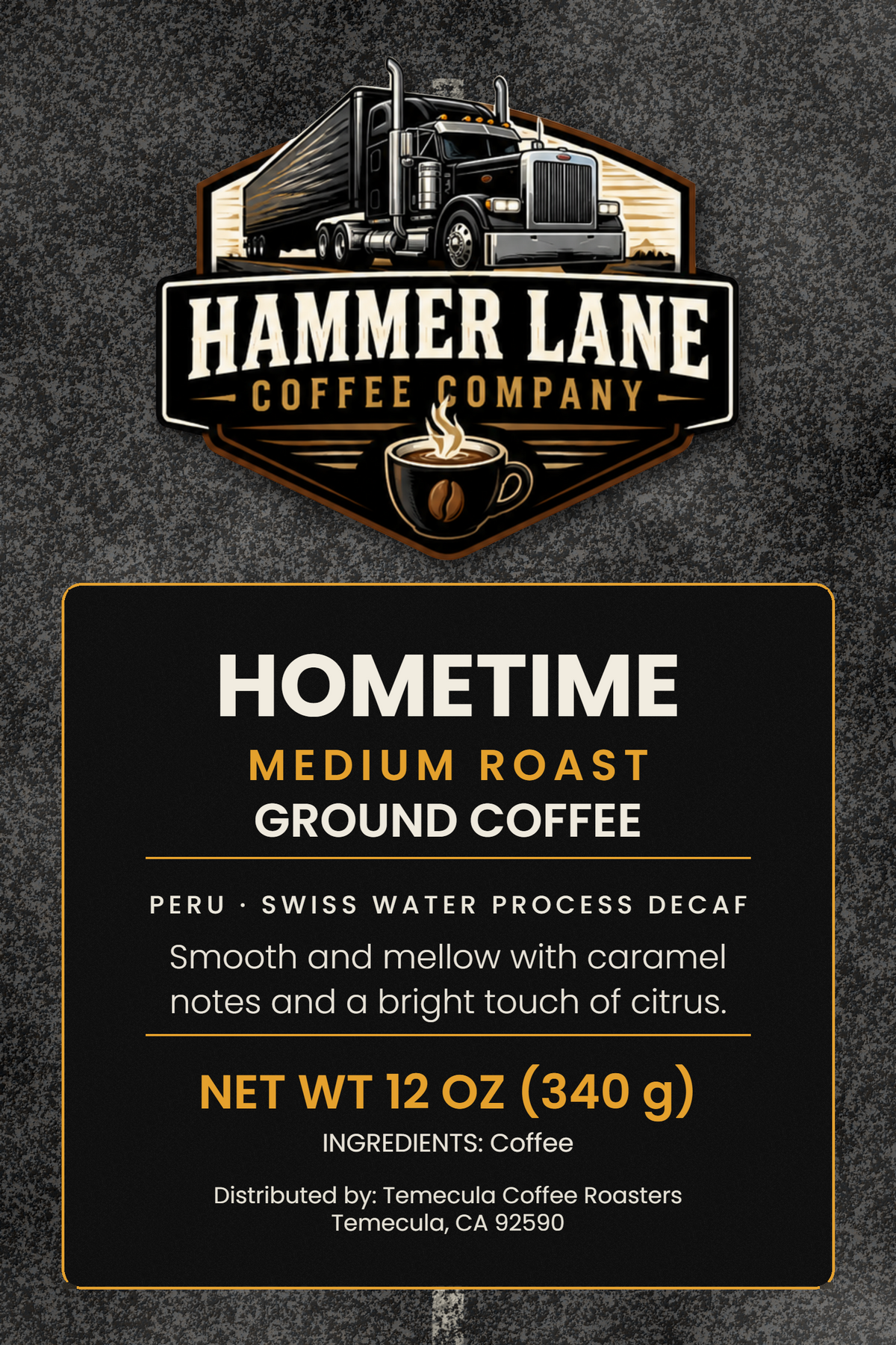 Hometime Swiss Water Process decaf coffee bag label, 12 oz