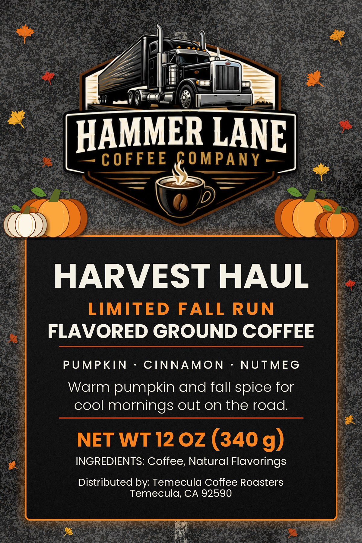 Harvest Haul pumpkin spice flavored coffee bag label, 12 oz