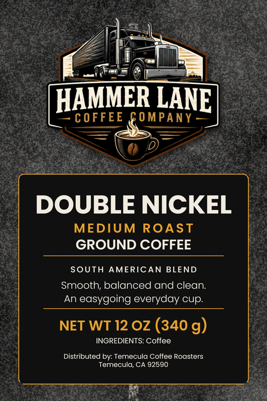 Double Nickel medium roast coffee bag label, 12 oz