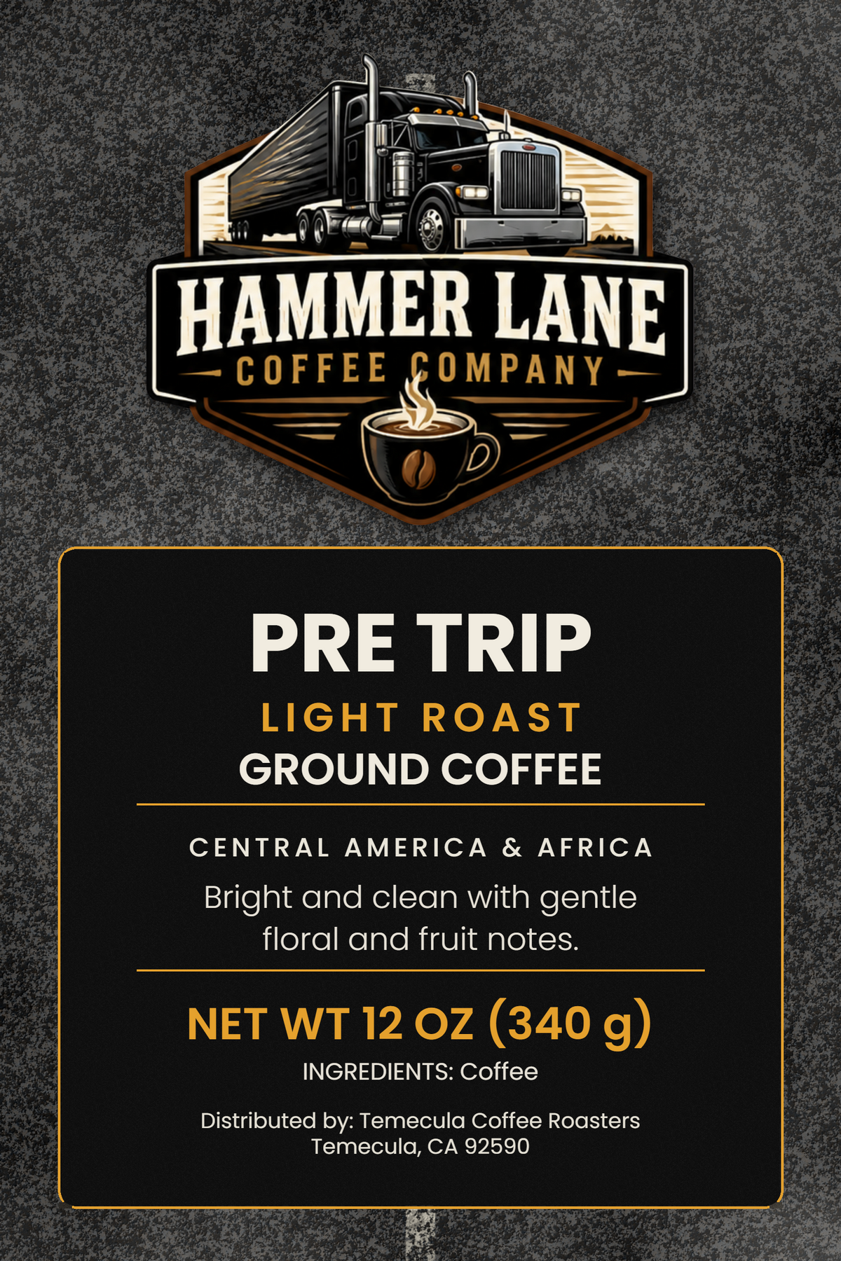 Pre Trip light roast coffee bag label, 12 oz