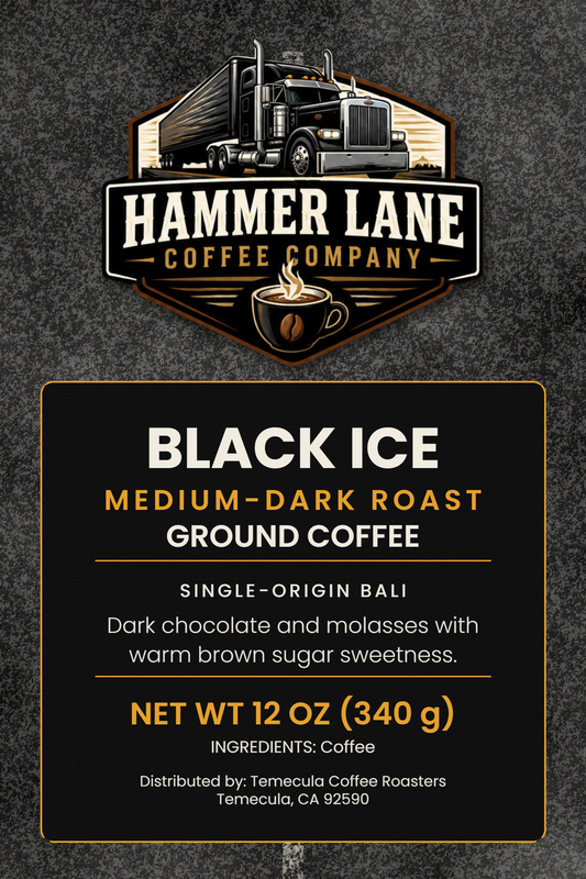 Black Ice medium-dark roast coffee bag label, 12 oz