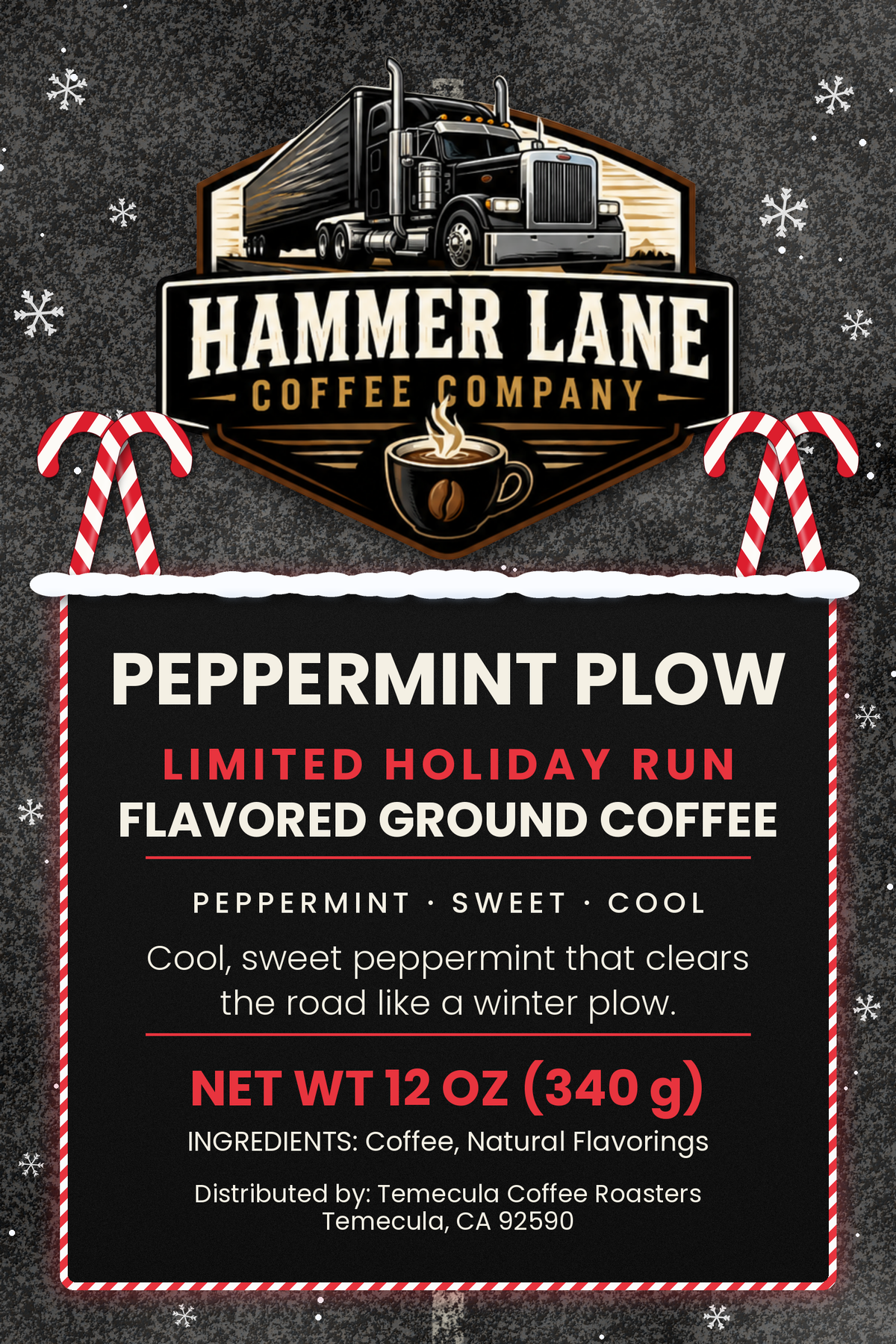Peppermint Plow candy cane flavored coffee bag label, 12 oz
