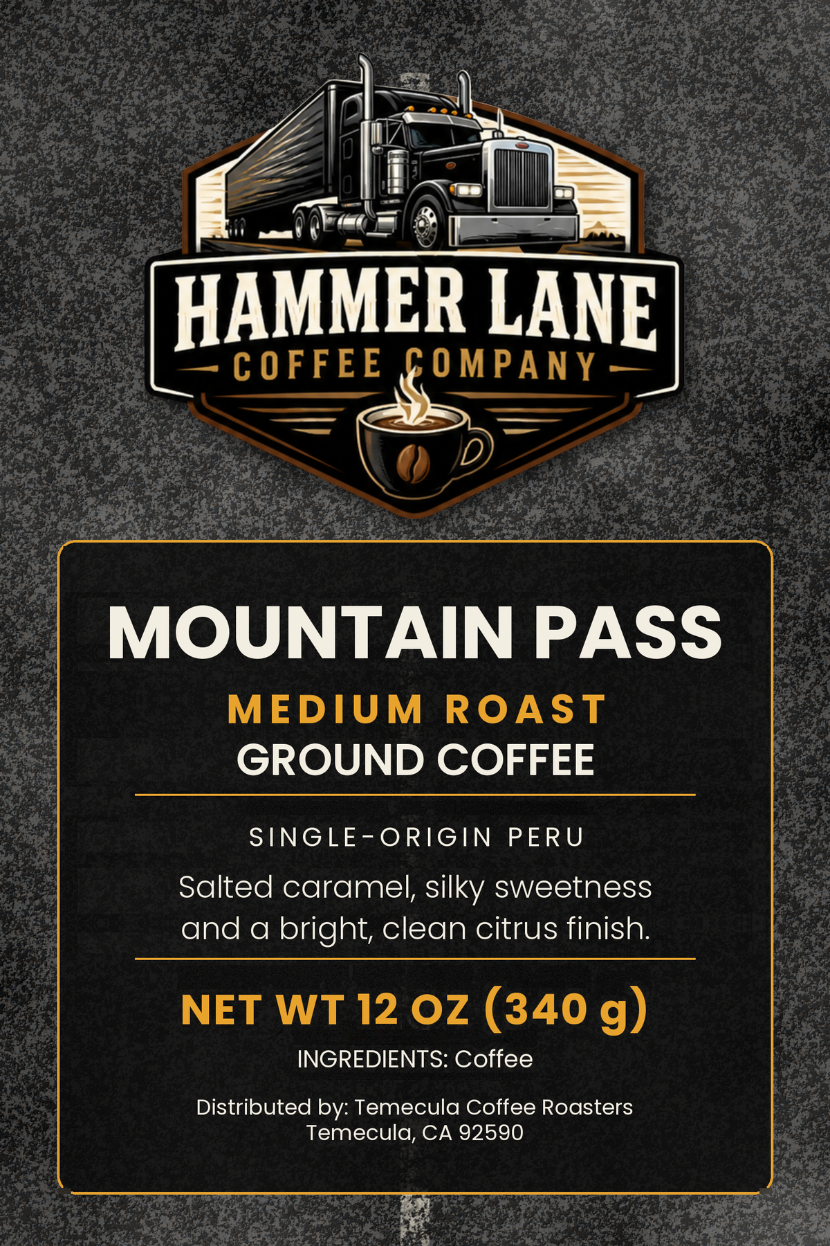 Mountain Pass single-origin Peru coffee bag label, 12 oz