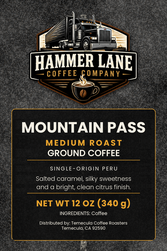 Mountain Pass single-origin Peru coffee bag label, 12 oz