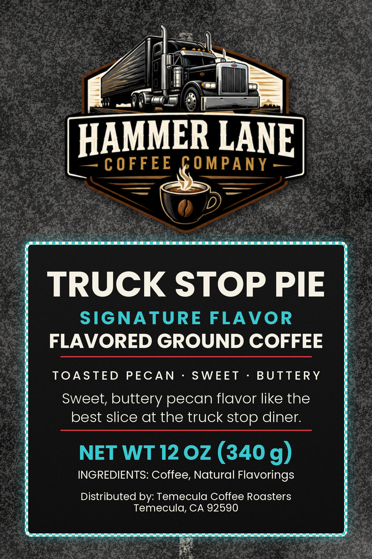 Truck Stop Pie pecan pie flavored coffee bag label, 12 oz