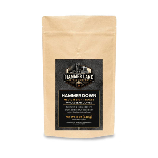 Hammer Down 12 oz medium-light high-caffeine coffee bag – Hammer Lane Coffee Company