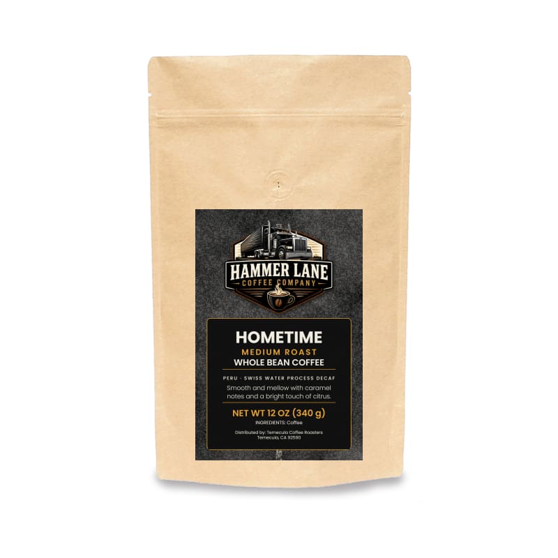Hometime 12 oz medium roast decaf coffee bag – Hammer Lane Coffee Company
