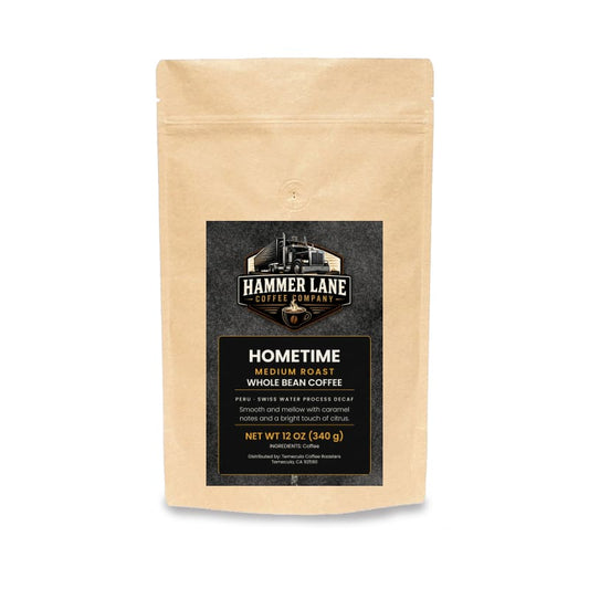 Hometime 12 oz medium roast decaf coffee bag – Hammer Lane Coffee Company