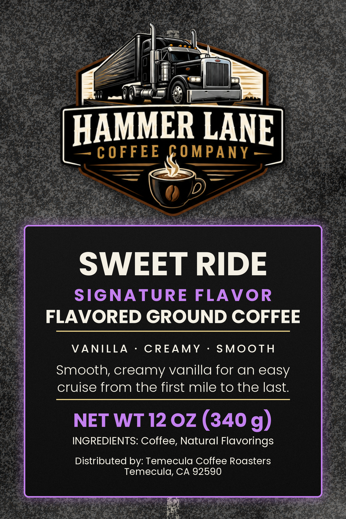 Sweet Ride French vanilla flavored coffee bag label, 12 oz