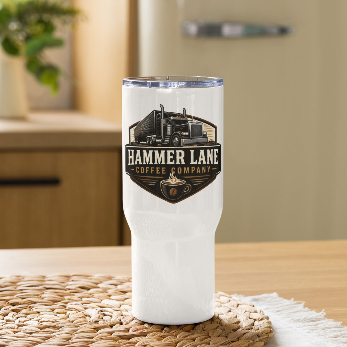 Hammer Lane Road Mug, 25 oz stainless steel travel mug with handle, front view