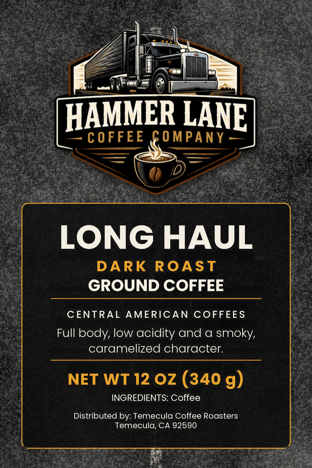 Long Haul dark roast coffee bag label, 12 oz